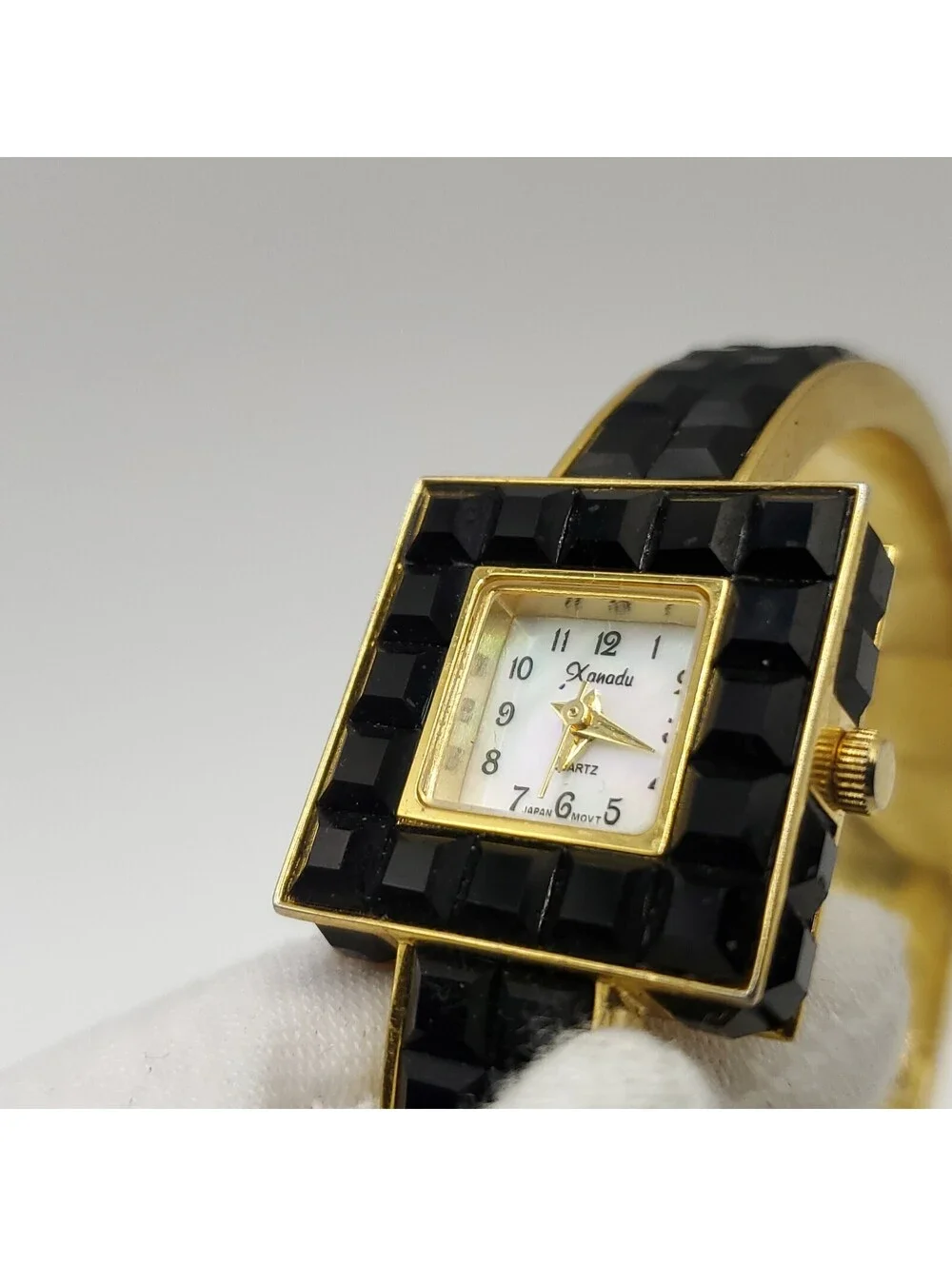 Xanadu Black Gem Gold Tone Cuff Band Womens Watch 23mm MOP Dial New Battery